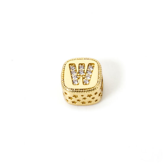Bild von 1 Stück Umweltfreundlich Messing Perlen zur DIY-Schmuckherstellung 18K Echtgold plattiert Würfel Anfangsbuchstabe/ Großbuchstabe Message " W " Micro Pave Klar Zirkonia 9mm x 9mm, Loch: ca. 3.8mm