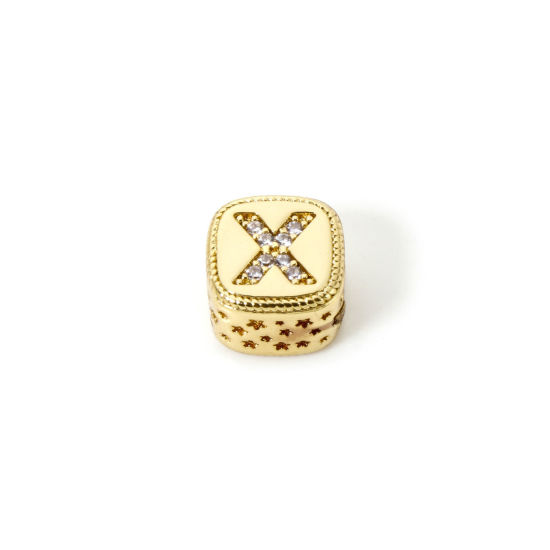Bild von 1 Stück Umweltfreundlich Messing Perlen zur DIY-Schmuckherstellung 18K Echtgold plattiert Würfel Anfangsbuchstabe/ Großbuchstabe Message " X " Micro Pave Klar Zirkonia 9mm x 9mm, Loch: ca. 3.8mm