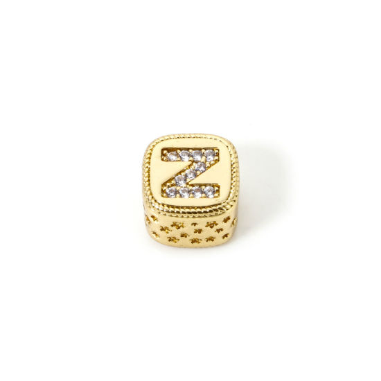 Bild von 1 Stück Umweltfreundlich Messing Perlen zur DIY-Schmuckherstellung 18K Echtgold plattiert Würfel Anfangsbuchstabe/ Großbuchstabe Message " Z " Micro Pave Klar Zirkonia 9mm x 9mm, Loch: ca. 3.8mm