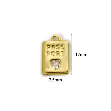 Picture of 2 PCs Brass Travel Charms 18K Gold Plated Passport Heart Clear Cubic Zirconia 12mm x 7.5mm