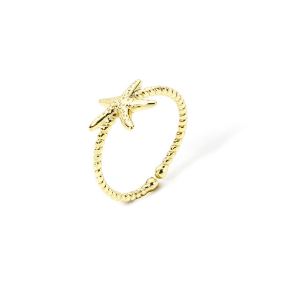Bild von 1 Stück Umweltfreundlich Stilvoll Ozean Schmuck 18K Echtgold plattiert Messing Offen Seesterne Ring Für Frauen Valentinstag 16.9mm（US Größe:6.5)