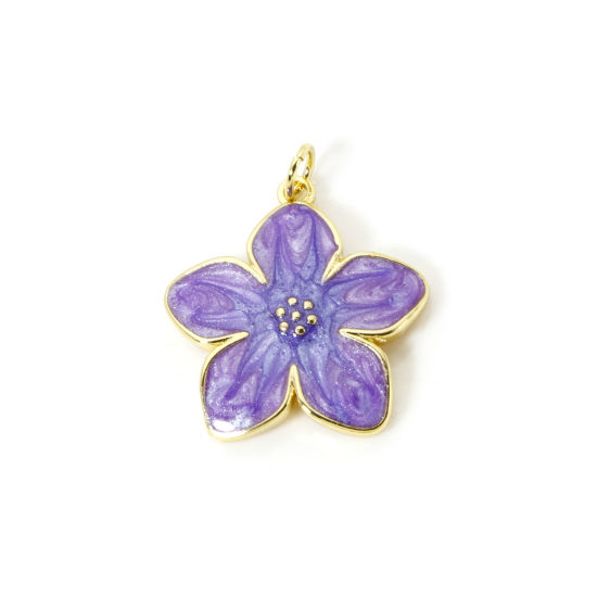 Image de 1 Pièce Breloques Collection Végétale Respectueux de la Nature en Laiton Plaqué Or Véritable 18K Violet Émail Fleur 26mm x 21mm