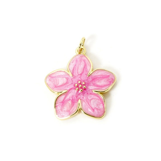 Image de 1 Pièce Breloques Collection Végétale Respectueux de la Nature en Laiton Plaqué Or Véritable 18K Rose Émail Fleur 26mm x 21mm