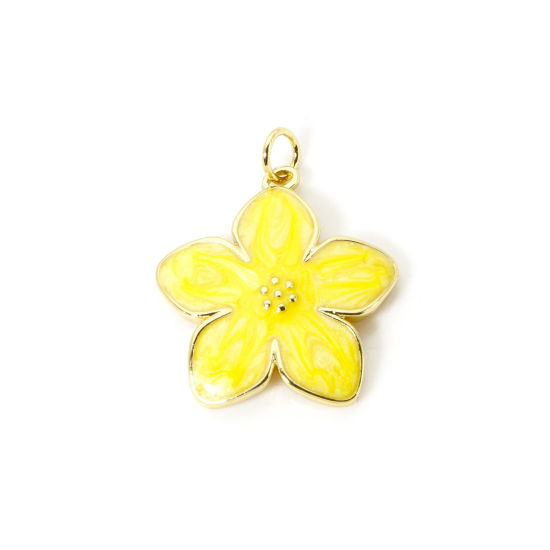 Image de 1 Pièce Breloques Collection Végétale Respectueux de la Nature en Laiton Plaqué Or Véritable 18K Jaune Émail Fleur 26mm x 21mm