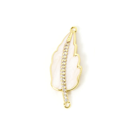 Immagine di 1 Pz Ecologico Ottone Pendenti Charms Connettori 18K Vero Oro Placcato Bianco Smalto Foglia Trasparente Cubic Zirconiae 3.2cm x 1.2cm