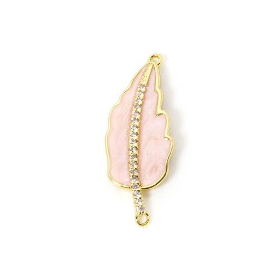 Immagine di 1 Pz Ecologico Ottone Pendenti Charms Connettori 18K Vero Oro Placcato Beige come Pesca Smalto Foglia Trasparente Cubic Zirconiae 3.2cm x 1.2cm