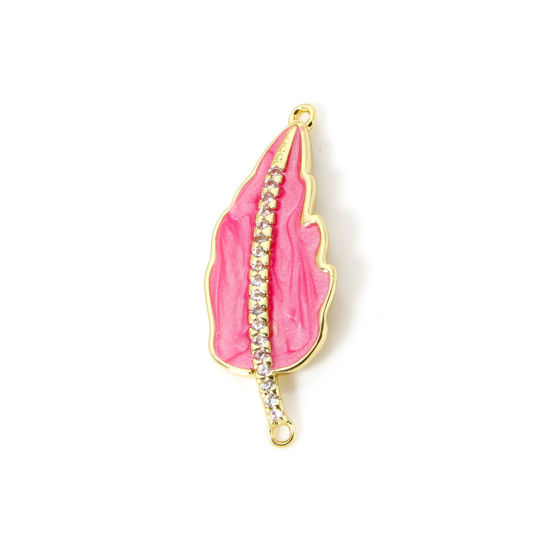 Immagine di 1 Pz Ecologico Ottone Pendenti Charms Connettori 18K Vero Oro Placcato Rosso Prugna Smalto Foglia Trasparente Cubic Zirconiae 3.2cm x 1.2cm