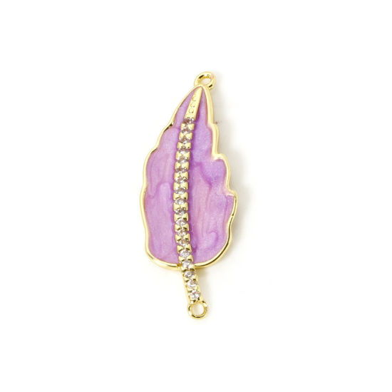 Immagine di 1 Pz Ecologico Ottone Pendenti Charms Connettori 18K Vero Oro Placcato Colore Viola Smalto Foglia Trasparente Cubic Zirconiae 3.2cm x 1.2cm