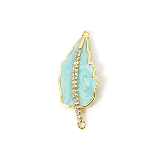 Immagine di 1 Pz Ecologico Ottone Pendenti Charms Connettori 18K Vero Oro Placcato Menta Verde Smalto Foglia Trasparente Cubic Zirconiae 3.2cm x 1.2cm