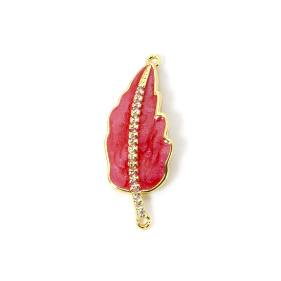 Immagine di 1 Pz Ecologico Ottone Pendenti Charms Connettori 18K Vero Oro Placcato Rosso Smalto Foglia Trasparente Cubic Zirconiae 3.2cm x 1.2cm
