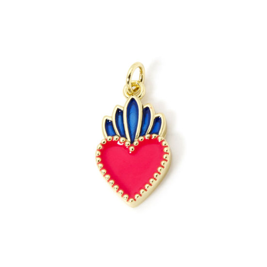 Picture of 1 Piece Eco-friendly Brass Religious Charms 18K Real Gold Plated Fuchsia Enamel Ex Voto Heart 23mm x 11mm