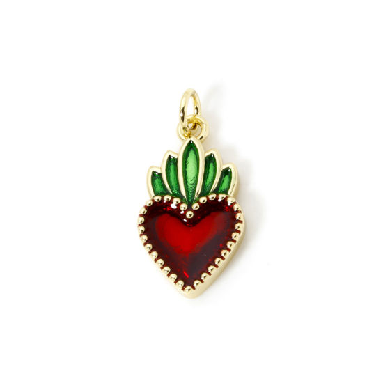 Picture of 1 Piece Eco-friendly Brass Religious Charms 18K Real Gold Plated Dark Red Enamel Ex Voto Heart 23mm x 11mm