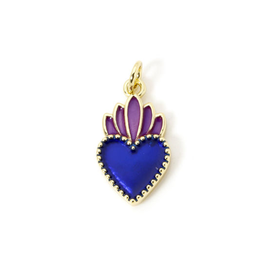 Picture of 1 Piece Eco-friendly Brass Religious Charms 18K Real Gold Plated Dark Blue Enamel Ex Voto Heart 23mm x 11mm