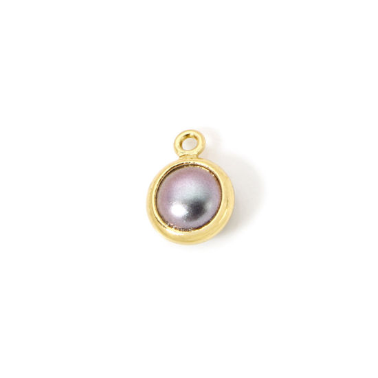 Picture of 2 PCs Eco-friendly Brass Charms 18K Real Gold Plated Purple Gray Round Imitation Pearl 9mm x 7mm