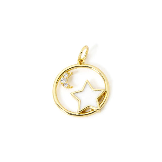 Picture of 2 PCs Eco-friendly Brass Galaxy Charms 18K Real Gold Plated White Enamel Round Star Clear Cubic Zirconia 19mm x 14mm