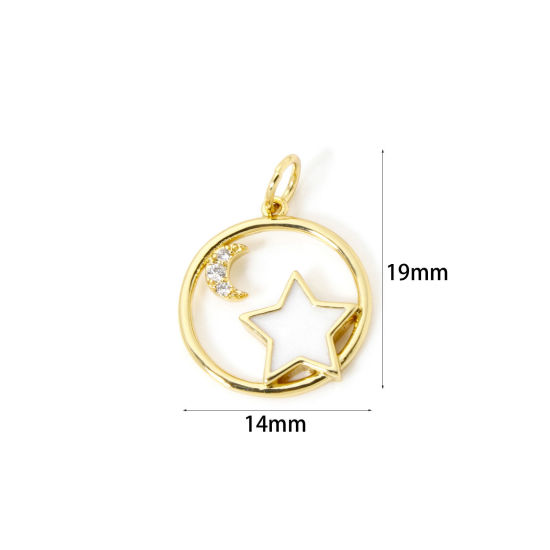 Picture of 2 PCs Eco-friendly Brass Galaxy Charms 18K Real Gold Plated White Enamel Round Star Clear Cubic Zirconia 19mm x 14mm
