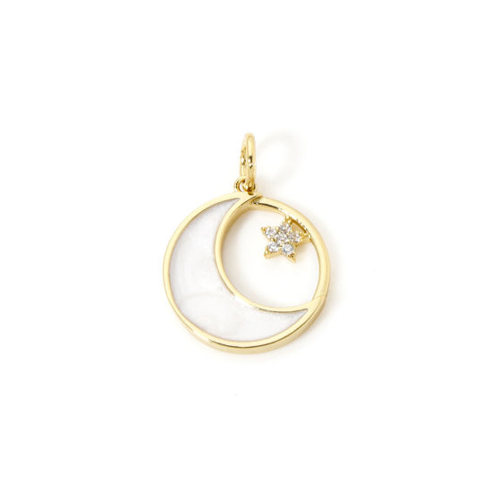 Picture of 2 PCs Eco-friendly Brass Galaxy Charms 18K Real Gold Plated White Enamel Round Moon Micro Pave Clear Cubic Zirconia 19mm x 14mm
