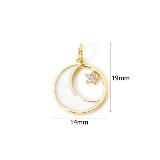 Picture of 2 PCs Eco-friendly Brass Galaxy Charms 18K Real Gold Plated White Enamel Round Moon Micro Pave Clear Cubic Zirconia 19mm x 14mm