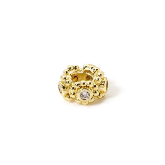 Image de 2 Pcs Perles d'Espacement Accessories pour DIY Fabrication de Bijoux de Bracelet Collection Végétale en Laiton Respectueux de la Nature Plaqué Or Véritable 18K Fleur Micro Pave à Zircone Cubique Clair 9mm Dia.