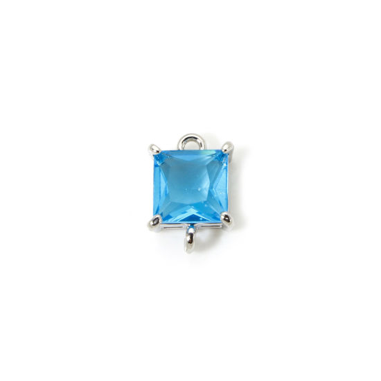 Bild von 2 Stück Umweltfreundlich Messing und Glas Monatsstein Steckverbinder Charms Anhänger Echt Platin plattiert Hellblau Dezember 10mm x 7mm