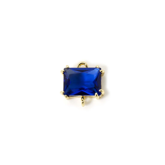 Bild von 2 Stück Umweltfreundlich Messing und Glas Monatsstein Steckverbinder Charms Anhänger 18K Echtgold plattiert Saphirblau September 10mm x 9mm