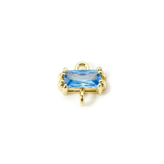 Bild von 2 Stück Umweltfreundlich Messing und Glas Monatsstein Steckverbinder Charms Anhänger 18K Echtgold plattiert Wasserblau Rechteck März 8mm x 8mm