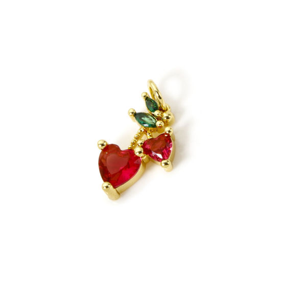 Picture of 1 Piece Eco-friendly Brass Flora Collection Charms 18K Real Gold Plated Cherry Fruit Fuchsia Cubic Zirconia 19mm x 11mm