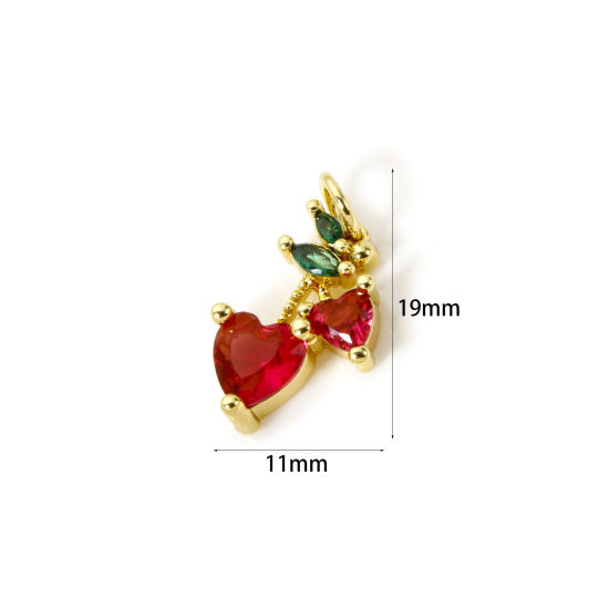 Picture of 1 Piece Eco-friendly Brass Flora Collection Charms 18K Real Gold Plated Cherry Fruit Fuchsia Cubic Zirconia 19mm x 11mm