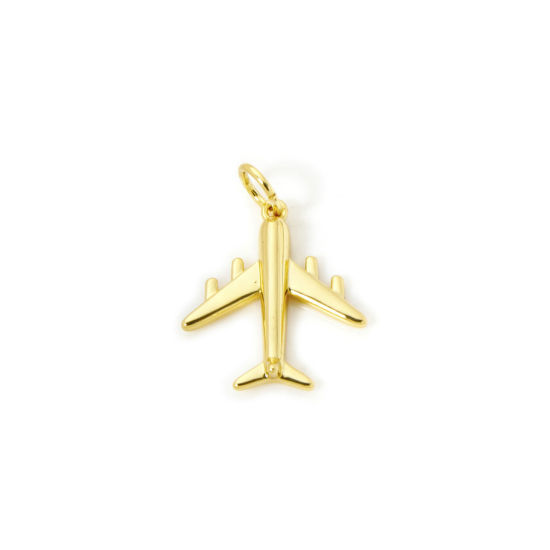 Bild von 2 Stück Umweltfreundlich Messing Reise Charms 18K Echtgold plattiert Flugzeug 3D 20mm x 14.5mm