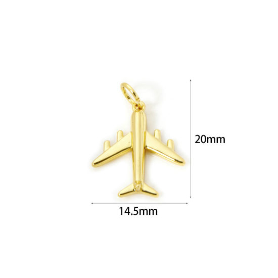 Image de 2 Pcs Breloques Voyage Respectueux de la Nature en Laiton Plaqué Or Véritable 18K Avion 3D 20mm x 14.5mm