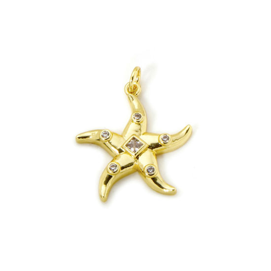 Picture of 2 PCs Eco-friendly Brass Ocean Jewelry Charms 18K Real Gold Plated Star Fish Clear Cubic Zirconia 26mm x 21mm