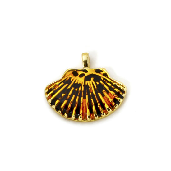 Picture of 1 Piece Eco-friendly Brass Ocean Jewelry Charms 18K Real Gold Plated Coffee Enamel Shell 25mm x 22mm