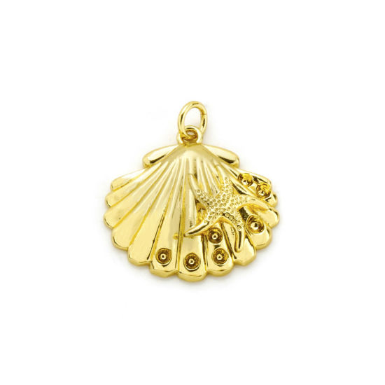 Picture of 2 PCs Eco-friendly Brass Ocean Jewelry Charms 18K Real Gold Plated Shell Star Fish (Can Hold ss5 Pointed Back Rhinestone) 23mm x 21mm