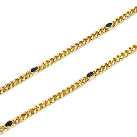 Imagen de 1 M Respetuoso del Medio Ambiente Latón Cadenas de Curb Para Accesorios Hechos a Mano para Hacer Joyas Gota 18K Oro Real Chapado Azul Oscuro 4.5mm