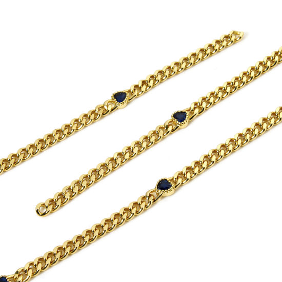 Bild von 1 Meter Umweltfreundlich Messing Panzerkette Kette Für handgefertigte Schmuckherstellung Herz 18K Echtgold plattiert Dunkelblau 4.5mm