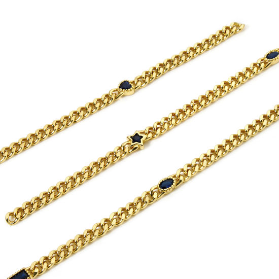 Picture of 1 M Eco-friendly Brass Curb Link Chain For Handmade DIY Jewelry Making Findings Geometric 18K Real Gold Plated Dark Blue 4.5mm