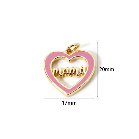 Picture of 2 PCs Eco-friendly Brass Mother's Day Charms 18K Real Gold Plated Pink Enamel Heart English Vocabulary Message " Mama " Hollow 20mm x 17mm