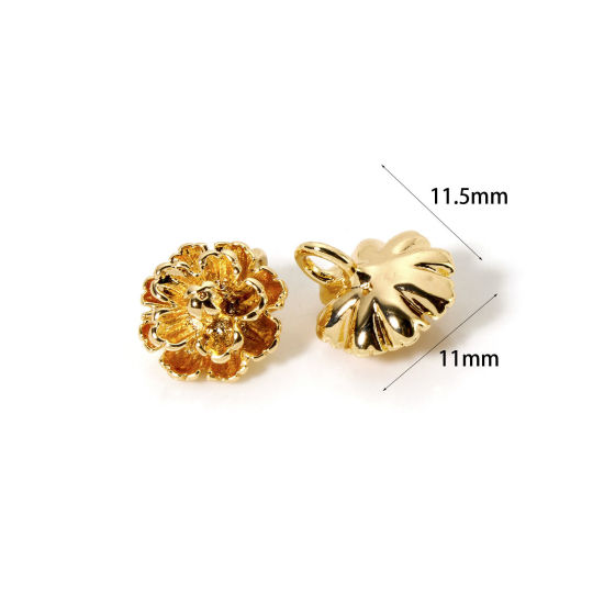 Image de 2 Pcs Breloques Collection Végétale Respectueux de la Nature en Laiton Plaqué Or Véritable 18K Fleur 3D 11.5mm x 11mm