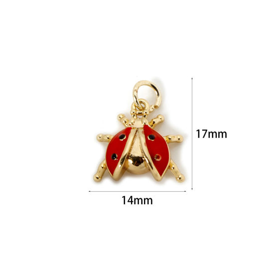 Picture of 2 PCs Eco-friendly Brass Insect Charms 18K Real Gold Plated Red Enamel Ladybug Animal 3D 17mm x 14mm