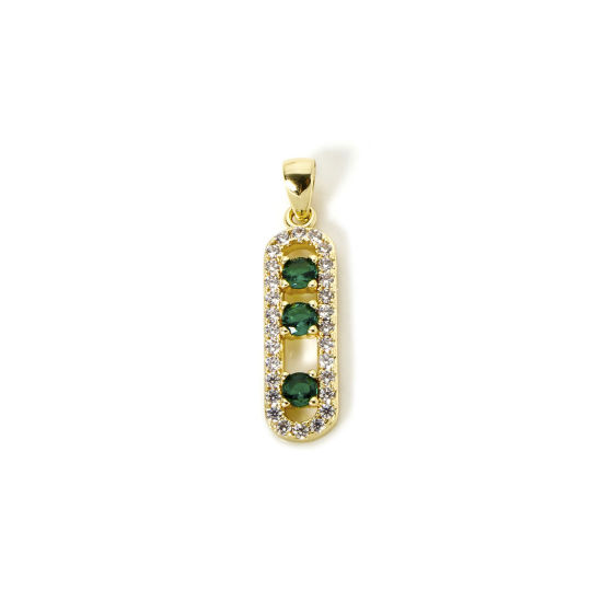 Picture of 1 Piece Eco-friendly Brass Charm Pendant 18K Real Gold Plated Oval Micro Pave Green Cubic Zirconia 26mm x 6mm