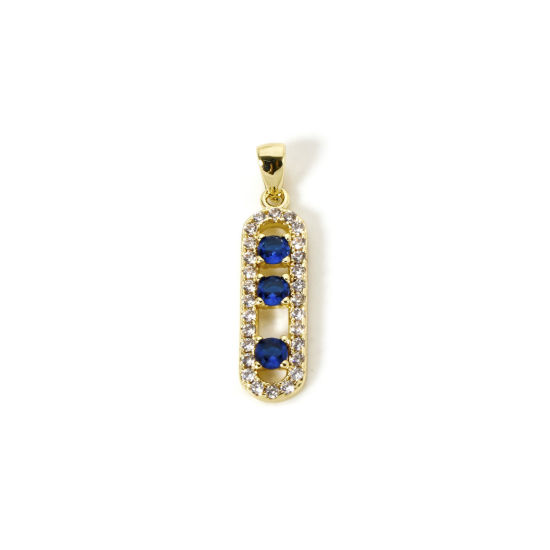 Picture of 1 Piece Eco-friendly Brass Charm Pendant 18K Real Gold Plated Oval Micro Pave Royal Blue Cubic Zirconia 26mm x 6mm
