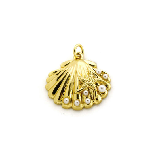 Picture of 1 Piece Eco-friendly Brass Charms 18K Real Gold Plated Shell Acrylic Imitation Pearl 23mm x 21mm