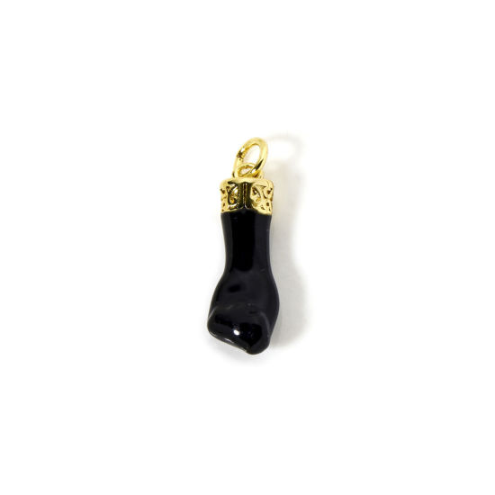 Picture of 1 Piece Eco-friendly Brass Charms 18K Real Gold Plated Black Enamel Fist Power Hand Sign Gesture 3D 23mm x 7mm