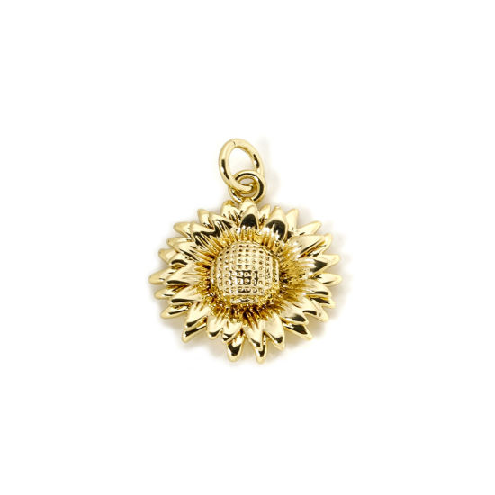 Picture of 2 PCs Eco-friendly Brass Flora Collection Charms 18K Real Gold Plated Sunflower 22mm x 17mm