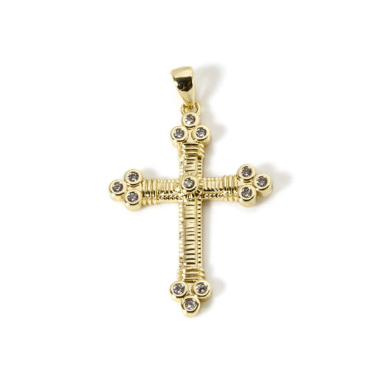 Picture of 1 Piece Eco-friendly Brass Religious Pendants 18K Real Gold Plated Cross Micro Pave Clear Cubic Zirconia 3.3cm x 2cm