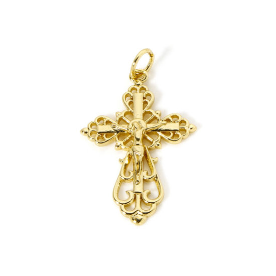 Picture of 1 Piece Eco-friendly Brass Religious Charms 18K Real Gold Plated Cross Hollow 29mm x 18mm