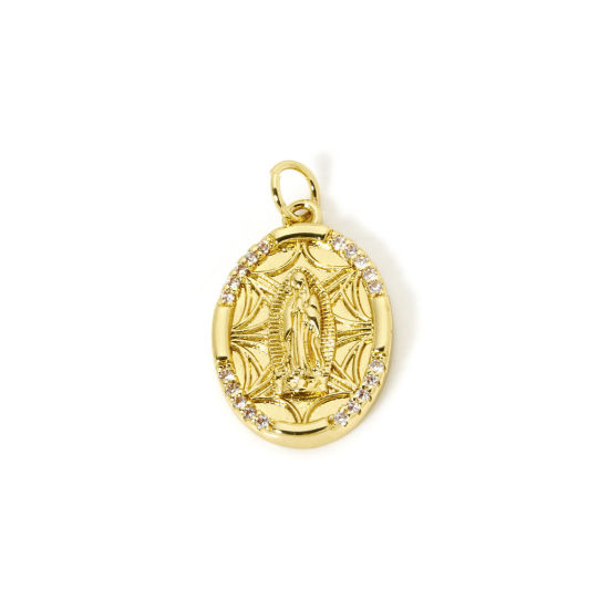 Picture of 1 Piece Eco-friendly Brass Religious Charms 18K Real Gold Plated Oval Virgin Mary Micro Pave Clear Cubic Zirconia 24mm x 14mm