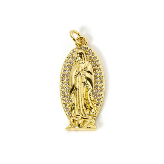 Picture of 1 Piece Eco-friendly Brass Religious Pendants 18K Real Gold Plated Oval Virgin Mary Micro Pave Clear Cubic Zirconia 3.1cm x 1.3cm