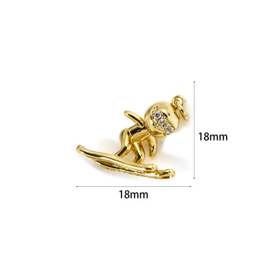 Picture of 1 Piece Eco-friendly Brass Sport Charms 18K Real Gold Plated Skiing Athlete Micro Pave Clear Cubic Zirconia 18mm x 18mm