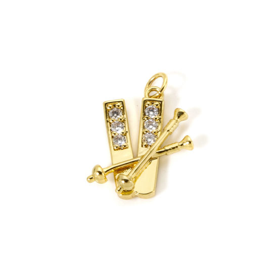 Picture of 1 Piece Eco-friendly Brass Sport Charms 18K Real Gold Plated Ski Board Micro Pave Clear Cubic Zirconia 23mm x 16mm